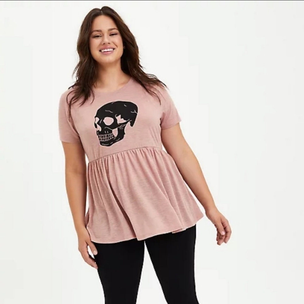 Torrid Babydoll Hertige Slub Skull Pink Baby Doll Top